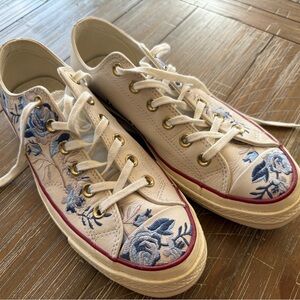 Embroidered White and Blue Floral Sneakers